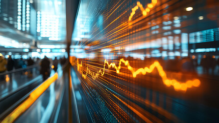 Stock Market Display with Financial Data and Blurred Business People in Modern Office
