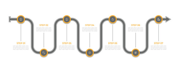 Infographic roadmap design template. Business Timeline of 7 Important Business Events annual business presentation. Vector illustration.