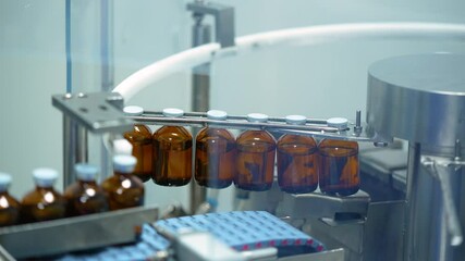 vaccine injection making process, manufacturing factory fda approved, injection vials manufacturing, medicine vial injection moving on pharma conveyor belt, healthcare pharmaceutical industry.