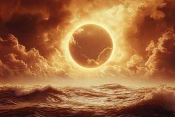 Partial Solar Eclipse Over the Ocean With Glistening Waves and Vibrant Sky During Twilight