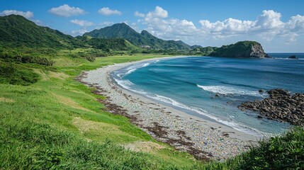 Tranquil Coastal Scene Turquoise Water, Lush Greenery, and Rocky Shore