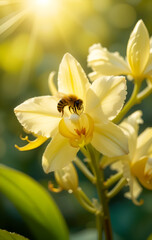 Obraz premium vanilla yellow orchid flowers with working Mexican bee. perfume and cooking concept. Ai generated
