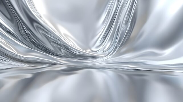 A smooth and reflective flowing silver fabric with folds and reflections