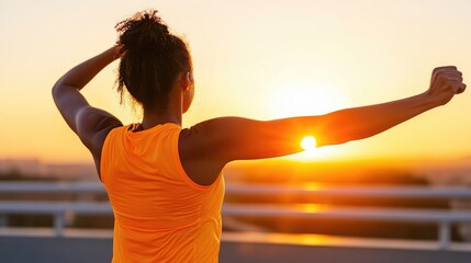 Fototapeta premium Woman celebrating fitness at sunrise on a rooftop
