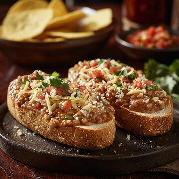 Plate of food featuring sliced bolillo bread and molletes design presentation