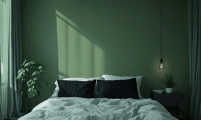 Serene bedroom with green wall, sunlight, and bedding.