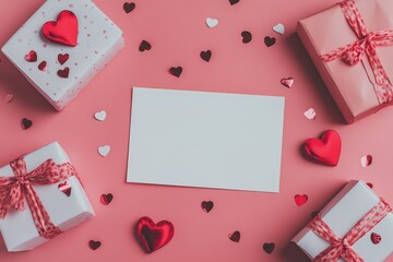 A blank paper card mockup, red envelope, gifts, and decorations on a pink background with confetti come together to illustrate the concept of a romantic letter, embodying the spirit of Happy