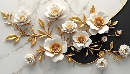 Luxury Floral Elegance: A high-definition 3D-rendered wall decoration featuring an intricate arrangement of golden and white flowers with delicate embossed petals