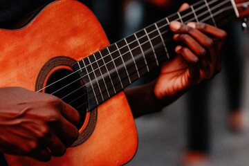 Fototapeta premium Hands skillfully strumming warm-toned guitar, creating vibrant m