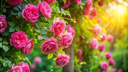 Drone View Pink Rose Vine Blooming Background, Aerial Photography, Floral Nature Scene