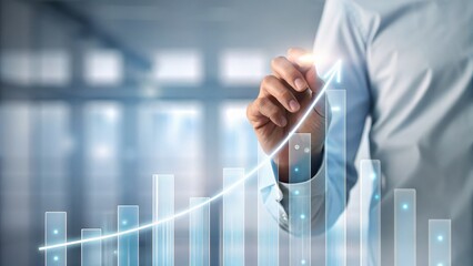 business growth holographic concept Businessman analyzing growth chart with digital interface in a modern office environment.