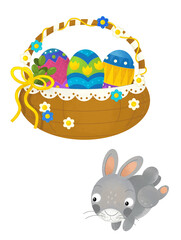 cartoon scene with colorful easter basket and rabbit on frame with white background for text - illustration for children