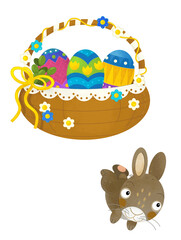 cartoon scene with colorful easter basket and rabbit on frame with white background for text - illustration for children
