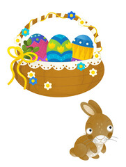 cartoon scene with colorful easter basket and rabbit on frame with white background for text - illustration for children