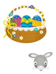 cartoon scene with colorful easter basket and rabbit on frame with white background for text - illustration for children