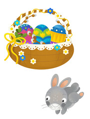 cartoon scene with colorful easter basket and rabbit on frame with white background for text - illustration for children