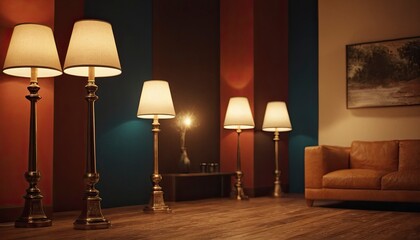 Home Ambiance: Five standing lamps illuminate an interior. Rich hues and classic furnishings.