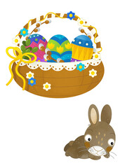 cartoon scene with colorful easter basket and rabbit on frame with white background for text - illustration for children