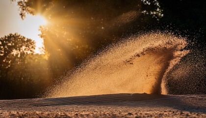 Macro shot of sand exploding in the air as a bunker shot is taken, capturing the dynamic action and fine details of the sand particles in mid-flight.
