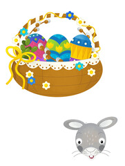 cartoon scene with colorful easter basket and rabbit on frame with white background for text - illustration for children