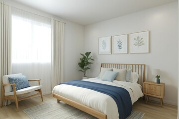 Serene bedroom with light wood bed, blue accents, and natural light.