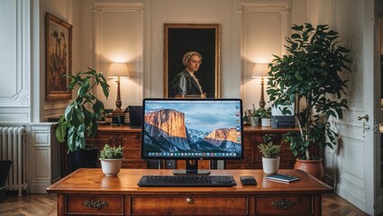 ordinateur avec l'écran ouvert dans un joli bureau 