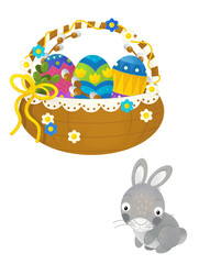cartoon scene with colorful easter basket and rabbit on frame with white background for text - illustration for children