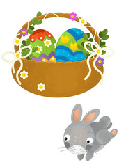 cartoon scene with colorful easter basket and rabbit on frame with white background for text - illustration for children