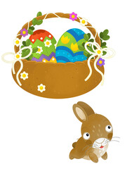 cartoon scene with colorful easter basket and rabbit on frame with white background for text - illustration for children