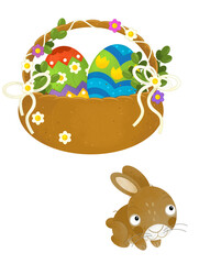 cartoon scene with colorful easter basket and rabbit on frame with white background for text - illustration for children