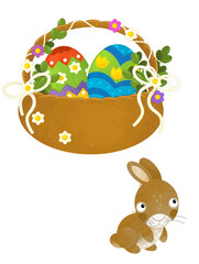 cartoon scene with colorful easter basket and rabbit on frame with white background for text - illustration for children