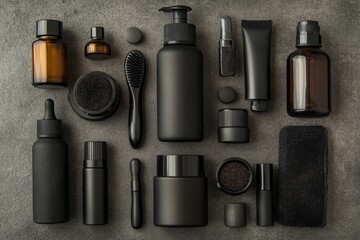 On a stone table, a selection of black cosmetic bottles filled with moisturizer, deodorant, and accompanied by a razor, showcase a design for men's grooming products
