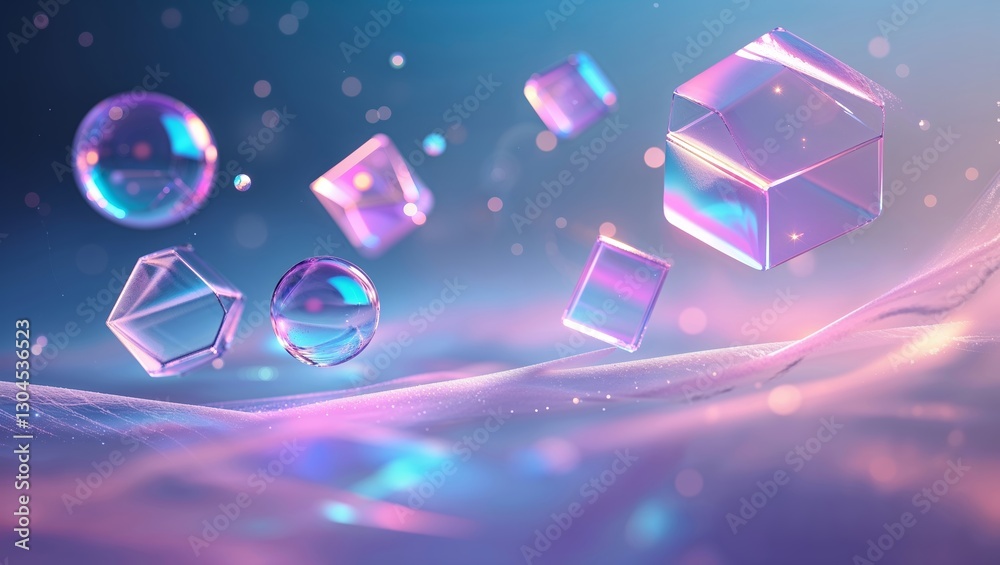 Poster floating geometric shapes create a mesmerizing visual display with colorful light reflections