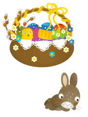 cartoon scene with colorful easter basket and rabbit on frame with white background for text - illustration for children