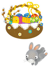 cartoon scene with colorful easter basket and rabbit on frame with white background for text - illustration for children