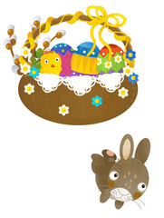 cartoon scene with colorful easter basket and rabbit on frame with white background for text - illustration for children