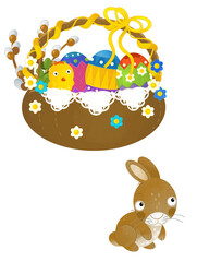 cartoon scene with colorful easter basket and rabbit on frame with white background for text - illustration for children