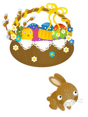 cartoon scene with colorful easter basket and rabbit on frame with white background for text - illustration for children