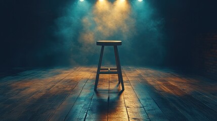 Empty Wooden Bar Stool on Stage with Dramatic Lighting and Smoke