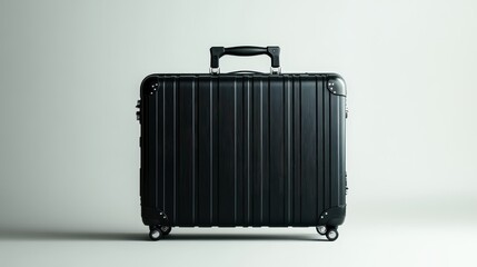 Fototapeta premium A sleek, minimalist black travel suitcase, its handle extending towards the viewer like an inviting embrace, rests majestically on a white background, ready to embark on a new adventure.