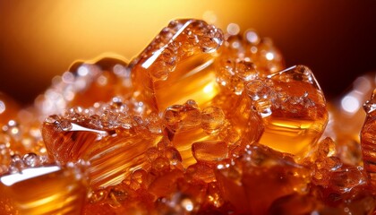 Macro shot of melting sugar crystals under warm light, forming golden caramel patterns, capturing the rich texture and transformation in vivid detail.
