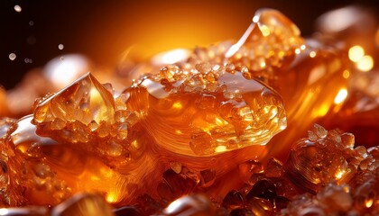Macro shot of melting sugar crystals under warm light, forming golden caramel patterns, capturing the rich texture and transformation in vivid detail.
