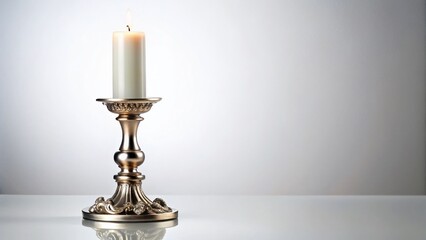 Elegant Antique Silver Candlestick with White Candle, Isolated on White Background - Stock Photo