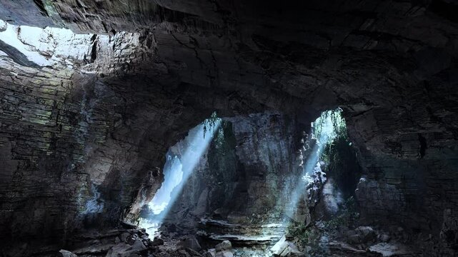 A dark cave with a plethora of rocks and water creating a rugged and mysterious environment.