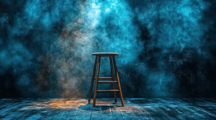 Empty wooden stool on stage with blue smoke background