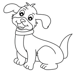 Cute cartoon hand drawn vector smiley dog coloring page.