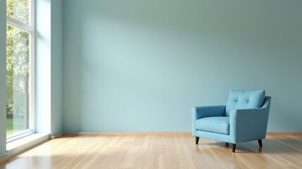 Fototapeta premium Serene Minimalist Room Design Featuring a Light Blue Armchair and Natural Light