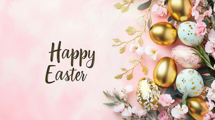 Colorful Easter brunch invitation card with decorated eggs and flowers on pink background