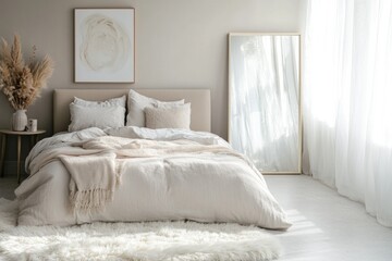 Serene bedroom with neutral tones, linen bedding, and natural light.