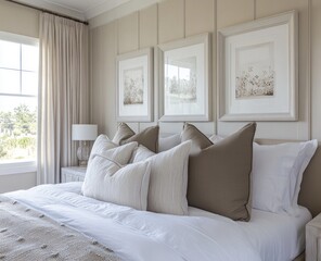 Fototapeta premium Serene bedroom with neutral tones, plush bedding, and wall art.
